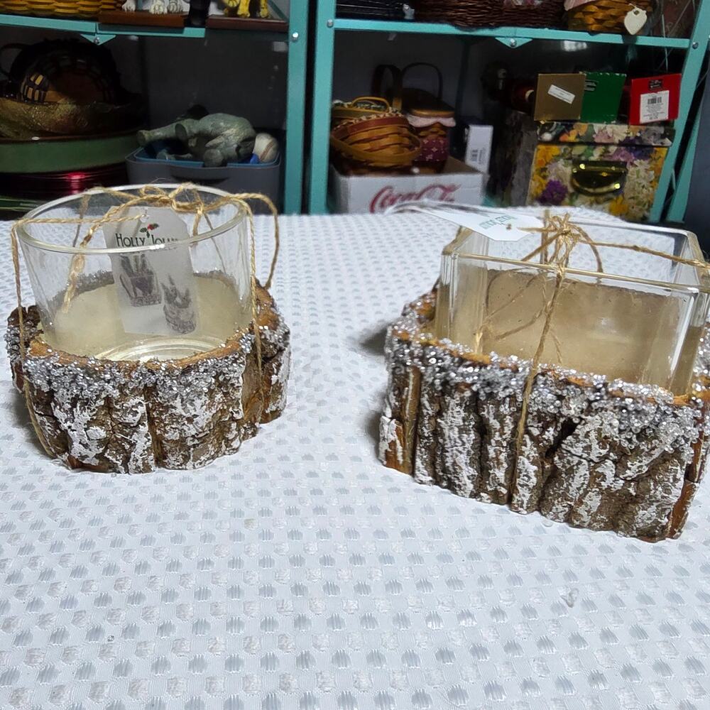 HOLLY JOLLY SET OF 2 HOLIDAY WINTER TERRARUM OR CANDLE HOLDER